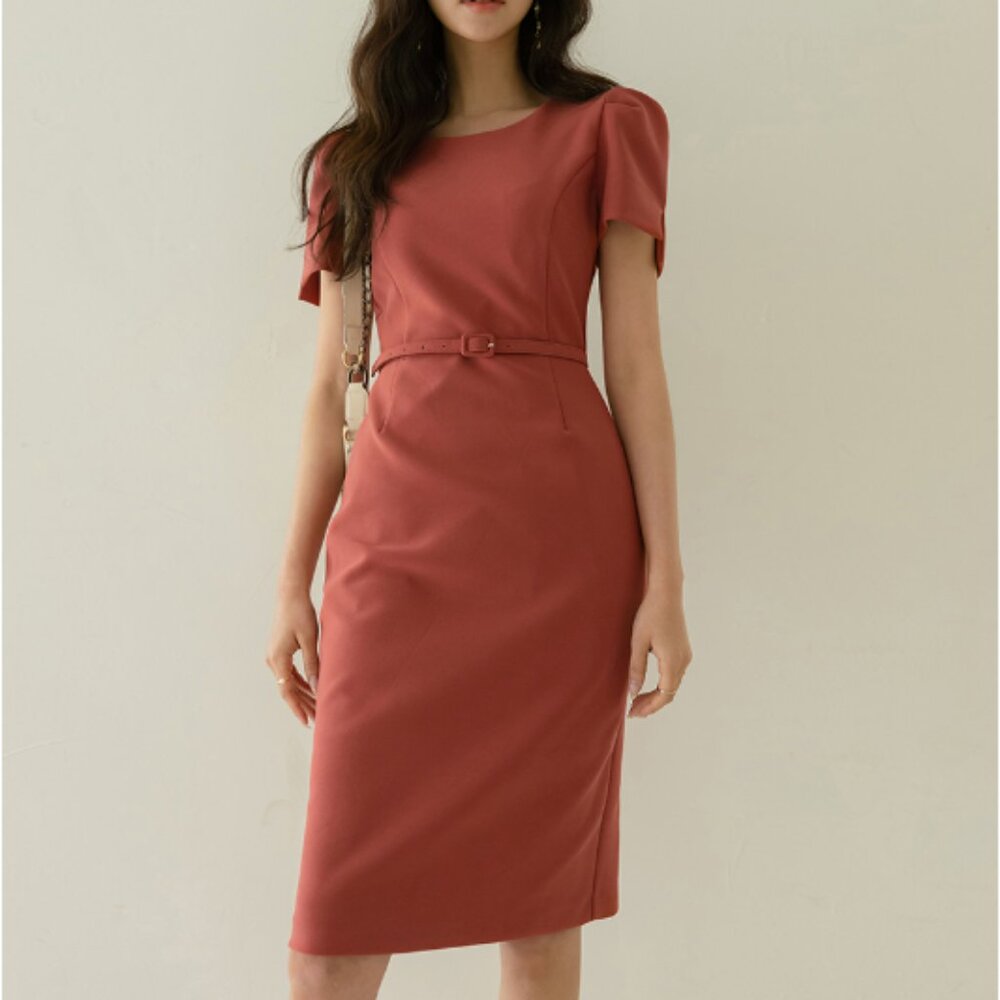 Ode Puff Sleeve Belted Midi Dress in Copper Rust Red